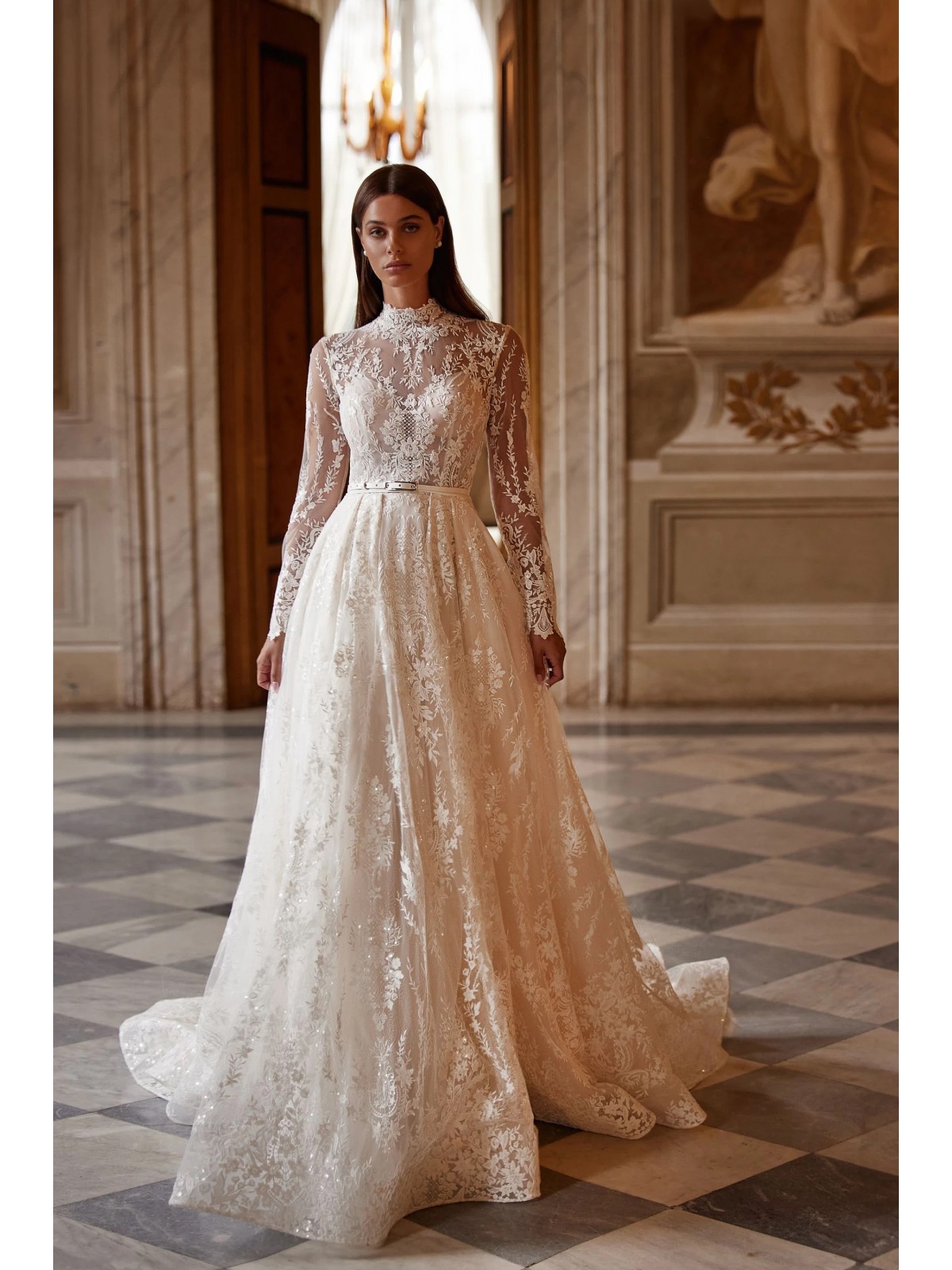 Luxury Wedding Dress - Delicate Lace A-line with Stand-up Collar and Long Sleeves - Lacework Treasure - LIDA-01346.00.00